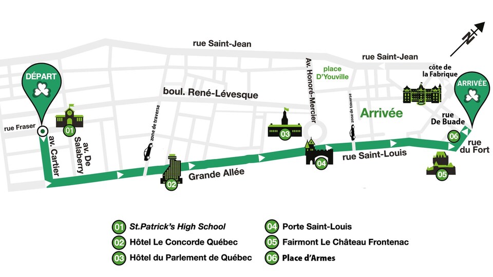 Le départ du défilé se fera au coin des rues Cartier et Fraser, en passant par la Grande Allée et la rue Saint-Louis, jusqu'au Château Frontenac. 