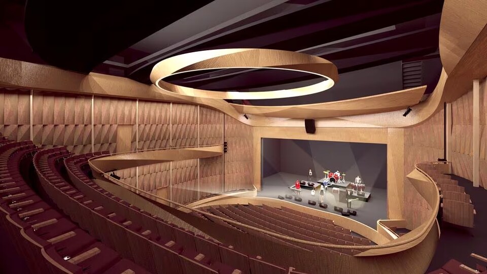 Schéma de rangées de sièges en demi-cercle sur deux étages devant la scène.