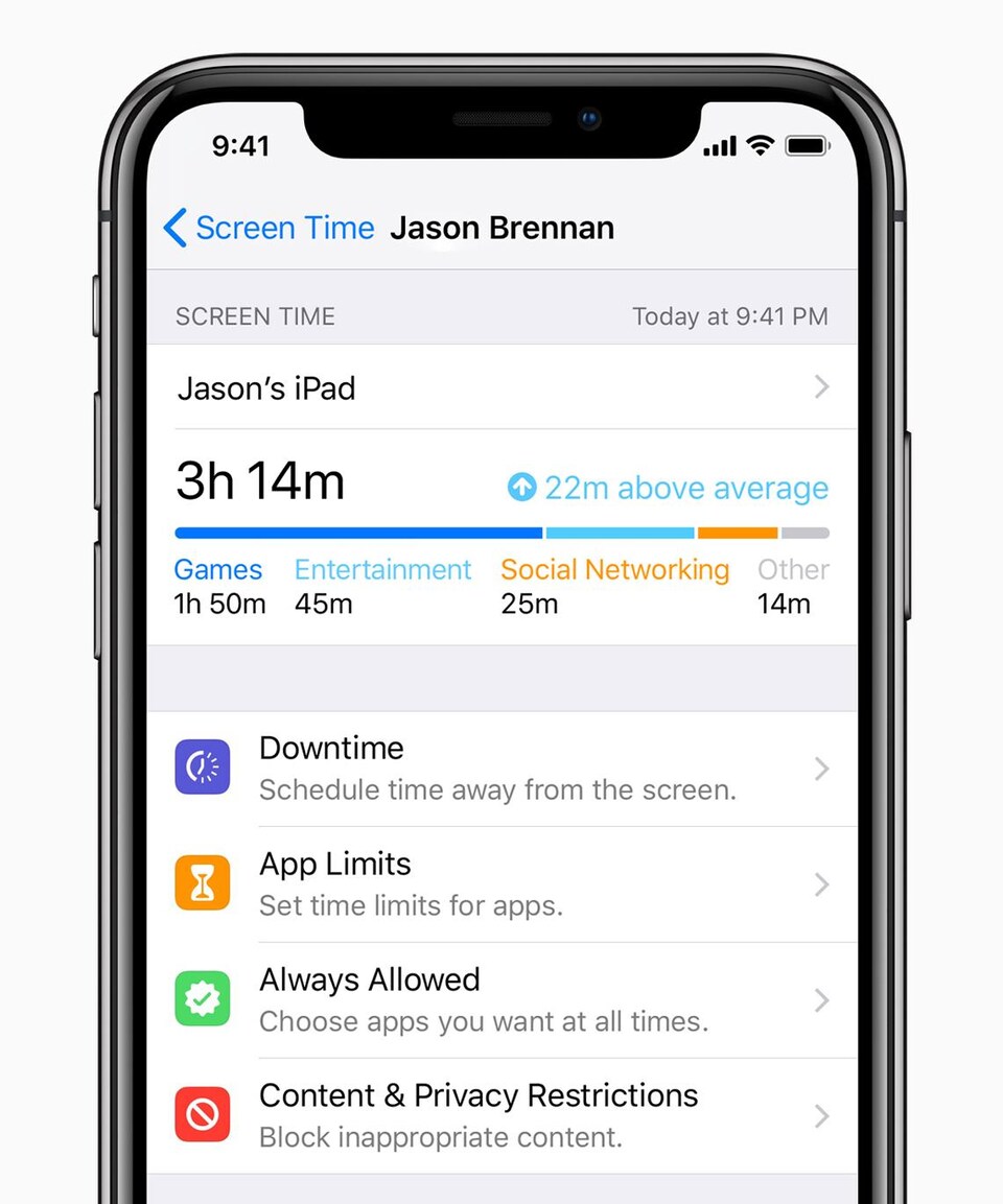 Une capture d'écran montrant le menu du service Screen Time sur iOS.