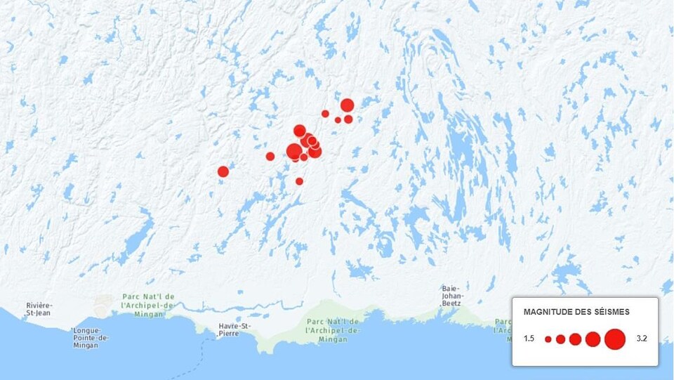 Carte localisant les séismes et leur magnitude survenus sur le territoire de la Basse-Côte-Nord