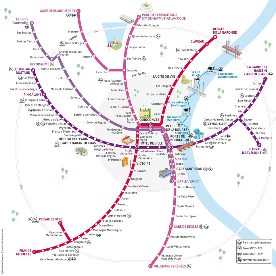 Plan du réseau de tramway de Bordeaux. 