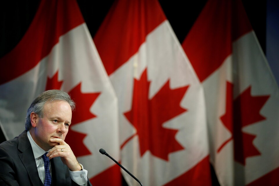 Stephen Poloz, la main sur le menton, devant trois drapeaux du Canada.