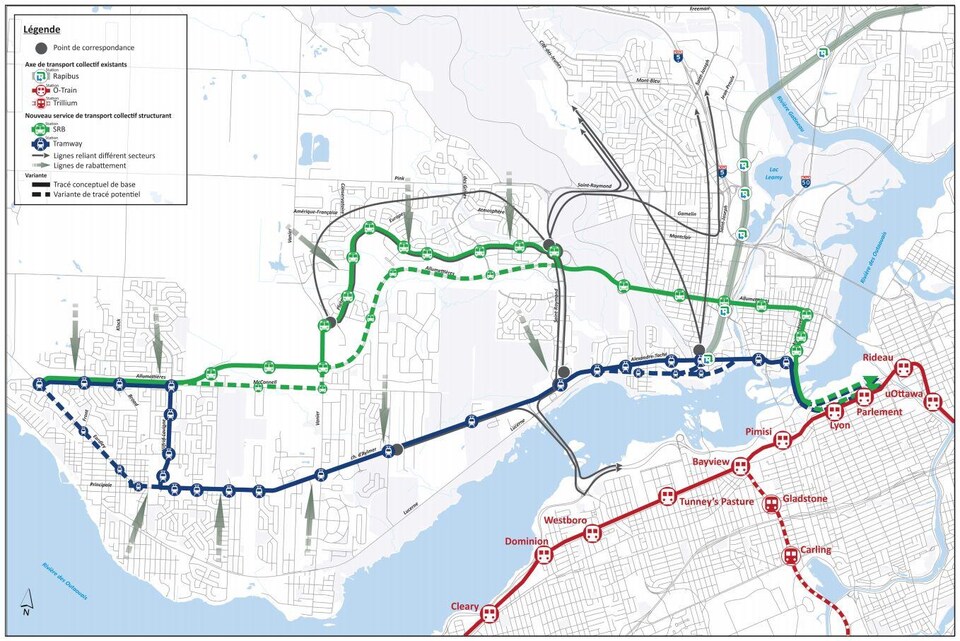 Carte du système de tramway et d'autobus proposé.