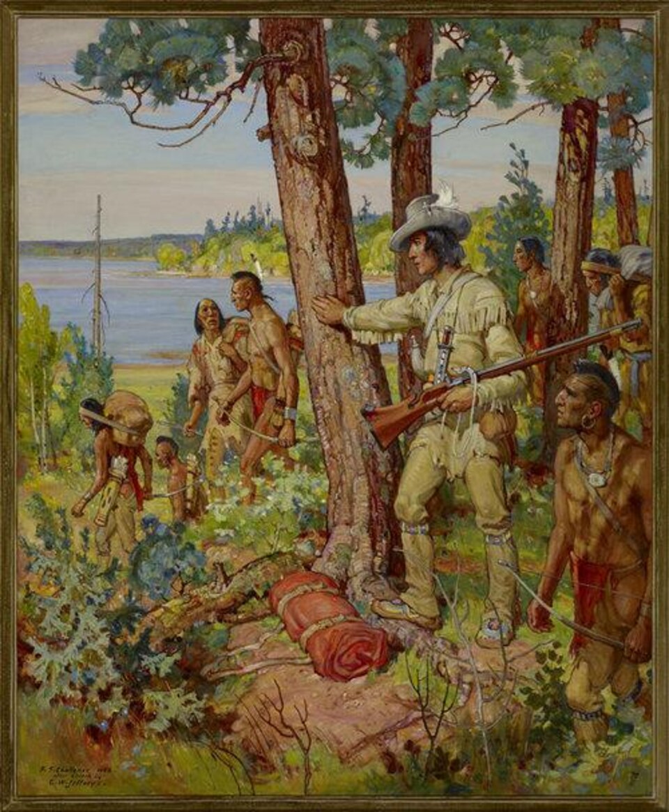 Tableau du peintre canadien Frederick Sproston Challener, en 1956. Il représente l'explorateur Étienne Brûlé entourés d'Autochtones torses nus.