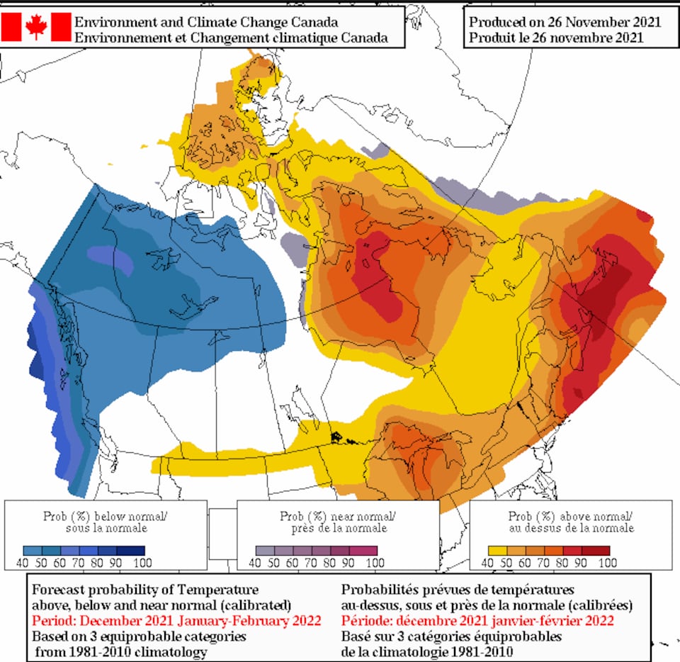 Les températures prévues par Environnement Canada pour la période de décembre à février.