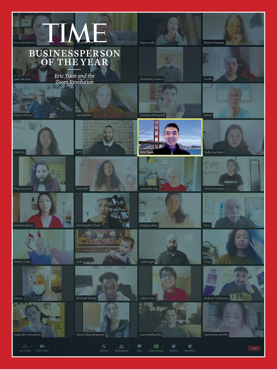 Une couverture de magazine montre une mosaïque de personnes participant à des conférences virtuelles devant leur écran. 
