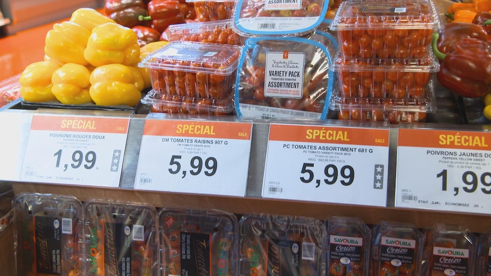 Des barquettes contenant des tomates cerises au supermarché. Différents prix sont indiqués