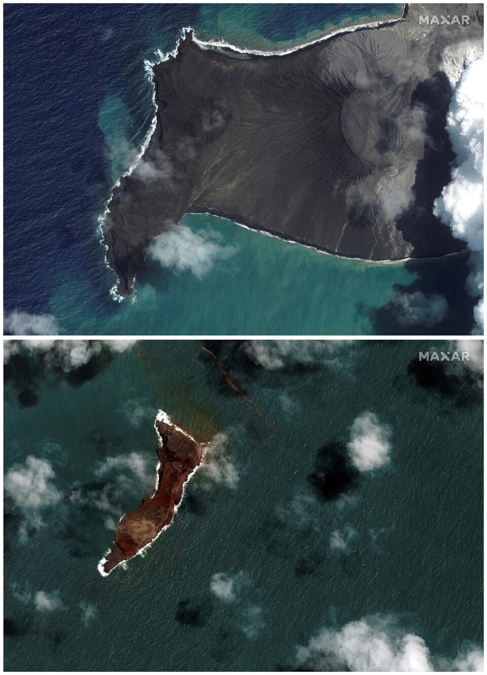 Un montage photo du volcan à découvert, puis recouvert d'eau.