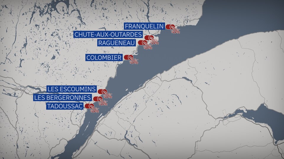 Cette carte indique les sept municipalités de la Haute-Côte-Nord où des  déversements d'eaux usées sans traitement surviennent encore.