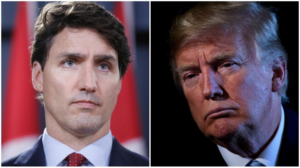 Un montage photo. À gauche Justin Trudeau, à droite Donald Trump. Tous les deux ont l'air sévère.