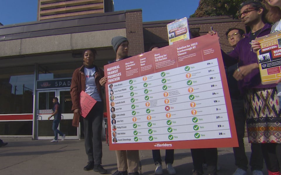 Des membres du groupe TTCriders présentent leur classement des candidats à la mairie devant la station Spadina, à Toronto.