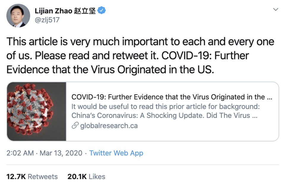 On voit le tweet qui dit en anglais « Cet article est très important pour chacun d'entre nous. Lisez-le et retweetez-le. COVID-19 : d’autres preuves que le virus provient des États-Unis. »