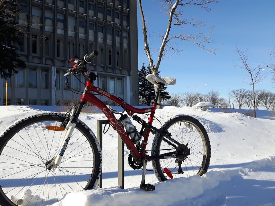 Un vélo stationné à l'Université Laval en novembre