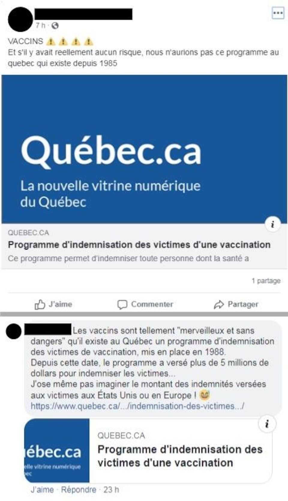 Captures d'écran de commentaires sur Facebook dans lesquels des gens expriment leurs inquiétudes par rapport aux vaccins, en soulignant l'existence du programme d'indemnisation des victimes d'une vaccination.