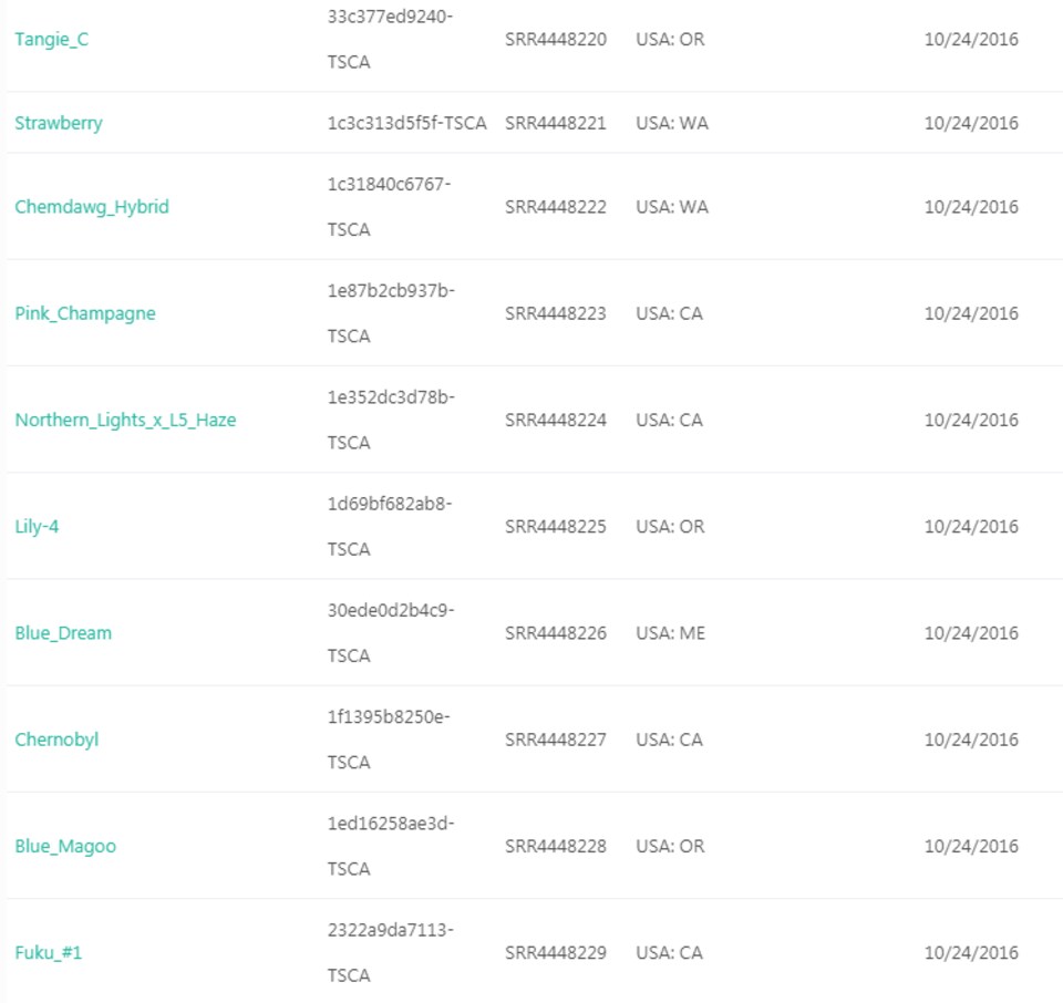 Tableau listant 10 variétés de cannabis avec des codes et leur localisation aux États-Unis