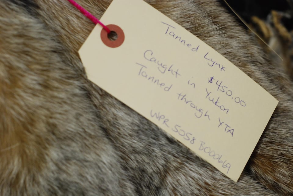 Gros plan d'une fourrure de lynx mise en vente. Sur l'étiquette, il est écrit que l'animal provient du Yukon. Le prix de vente est de 450 dollars.