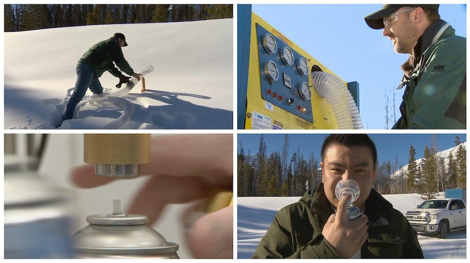 Troy Paquette marche dans la neige et installe un tube en montagne pour aspirer l'air qui est ensuite envoyé dans une canette que Moses Lam utilise en plaçant un masque sur son visage.