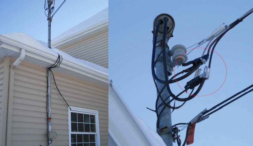 Une installation de vol d'électricité détectée à Lévis en février 2018 : des câbles de survoltage avaient été installés directement sur la ligne électrique, puis reliés à l'intérieur d'une résidence en contournant le compteur.