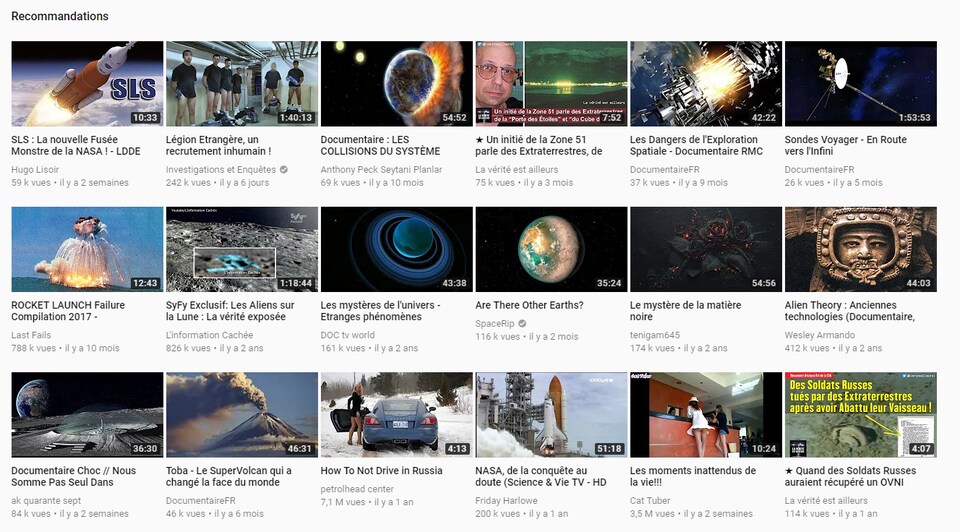 Nous voyons 18 vidéos suggérées, dont cinq mettent de l'avant des théories conspirationnistes traitant d'extraterrestres.