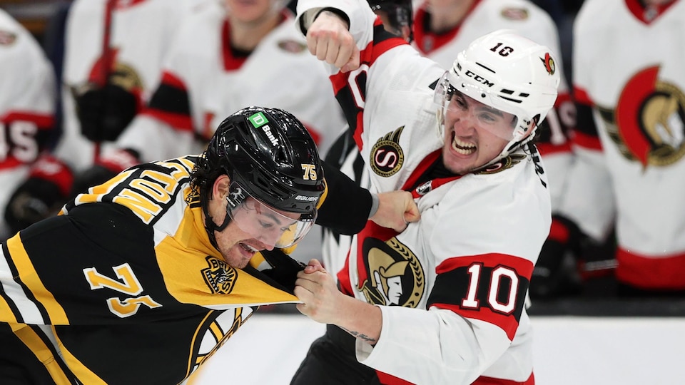 Deux joueurs de hockey se battent pendant un match. 