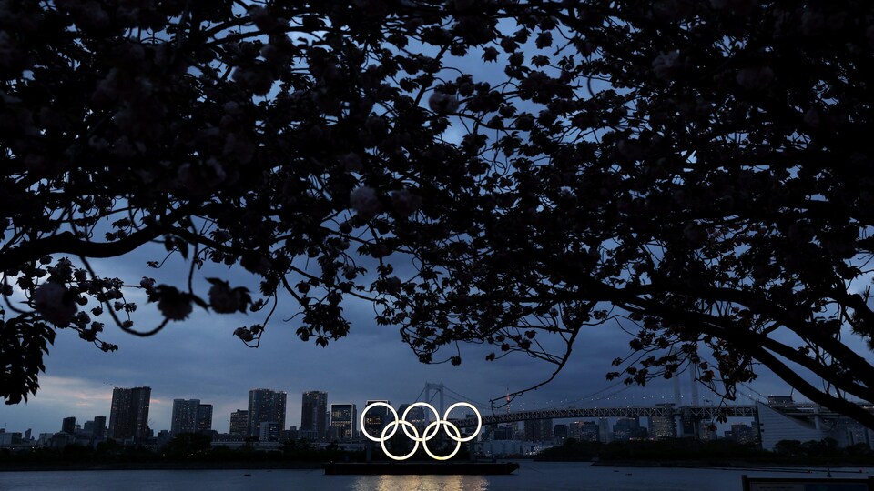 Les anneaux olympiques dans la baie de Tokyo, le soir