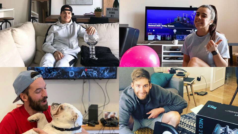 Mikaël Kingsbury (en haut à gauche), Meaghan Benfeito (en haut à droite), Charles Hamelin (en bas à gauche) et Hugo Houle (en bas à droite) recommandent aux Québécois de respecter les mesures d'éloignement social.
