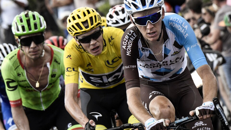 Rigoberto Uran, Chris Froome et Romain Bardet en échappée lors de la 15e étape du Tour de France de 2017. 