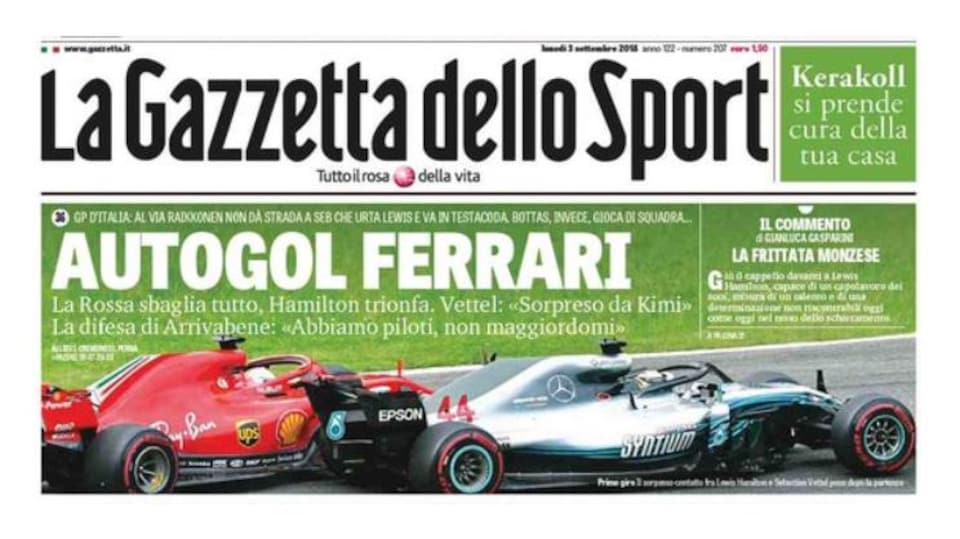 La Une de la Gazzetta dello Sport au lendemain du Grand Prix d'Italie