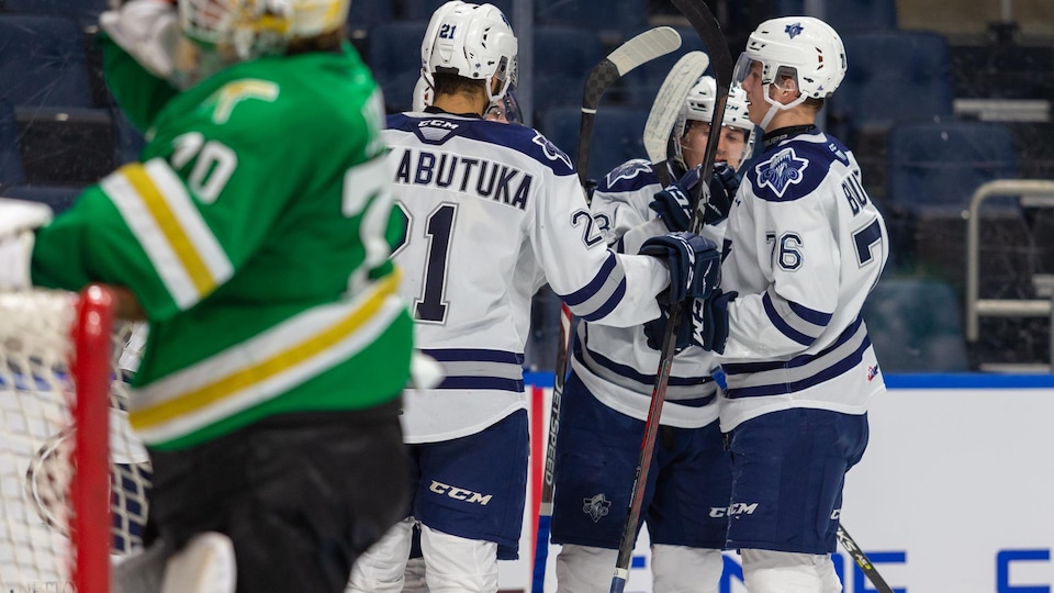 Des joueurs de hockey célèbrent un but.
