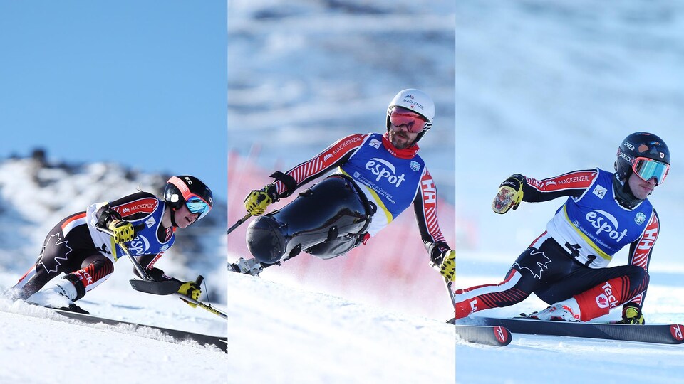 Montage photo des trois paraskieurs qui dévalent une pente.