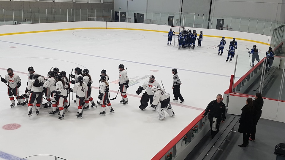 Les Pionnières du Cégep de Rimouski célébrant la victoire au Complexe sportif Desjardins, à Rimouski