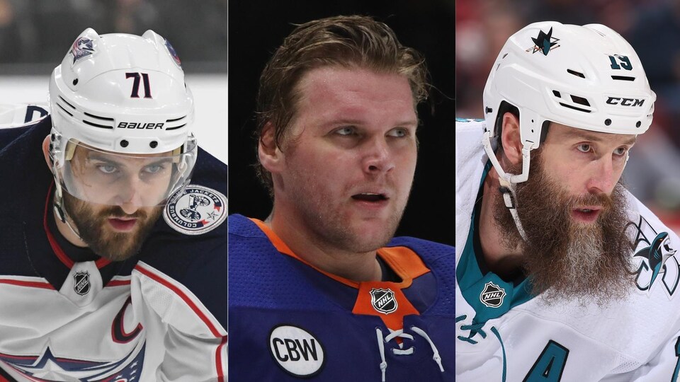 Nick Foligno (à gauche), Robin Lehner (au centre) et Joe Thornton