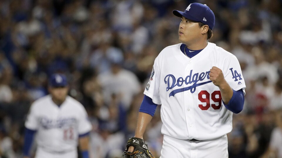 Hyun-Jin Ryu célèbre à la fin de la 7e manche face aux Braves (archives).
