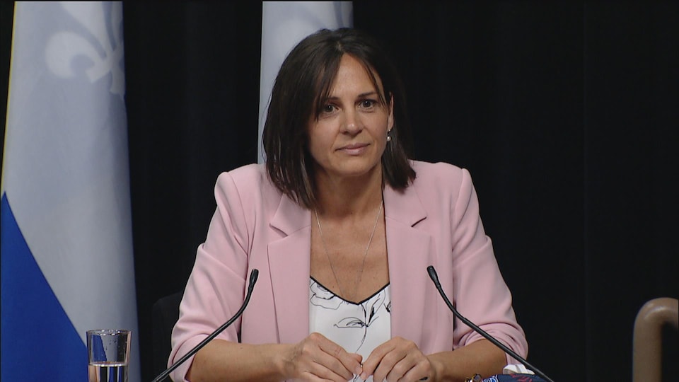 Une femme en tailleur rose en conférence de presse