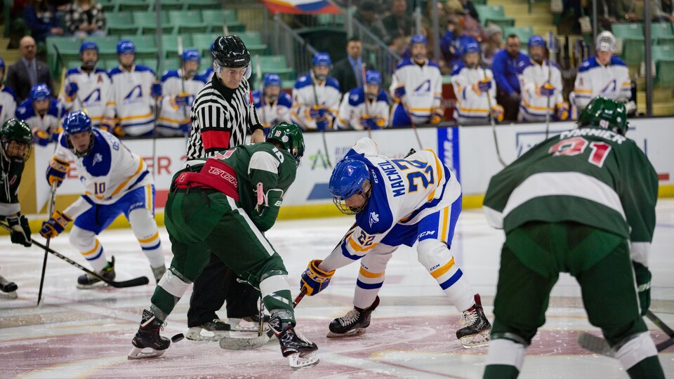Mise en jeu lors d'un match entre l'Alberta et le Nouveau-Brunswick.