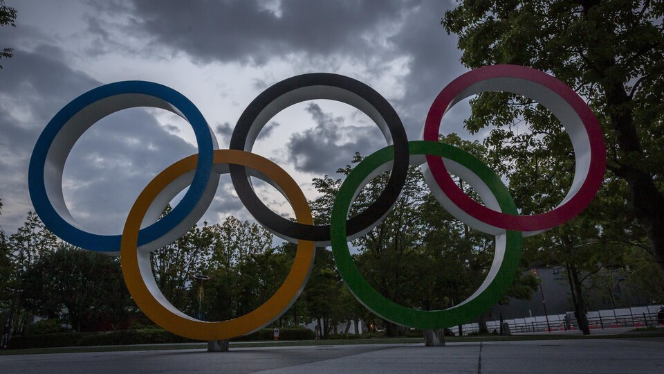 Les anneaux olympiques, installés à Tokyo, devant plusieurs arbres.