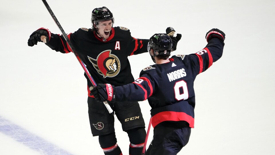 Deux joueurs de hockey célèbrent un but.