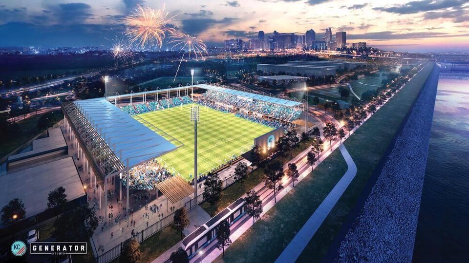 Le dessin d'un stade de soccer par une belle soirée d'été.