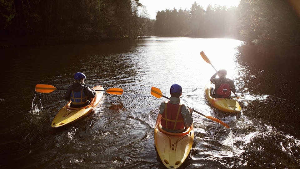 Trois kayakistes sur un cours d'eau