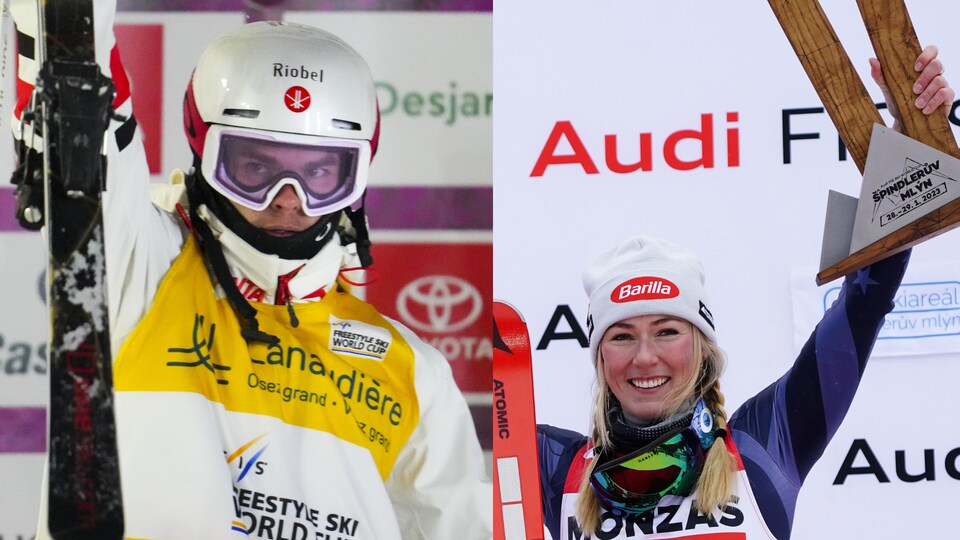 Un montage photo des skieurs Mikaël Kingsbury et Mikaela Shiffrin sur le podium
