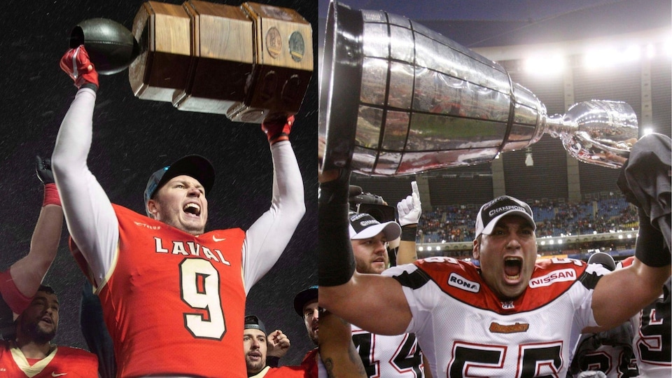 À gauche Mathieu Betts soulève la Coupe Vanier, à droite, Randy Chevrier soulève la Coupe Grey.