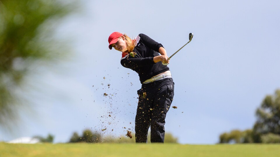 The golfer takes off.