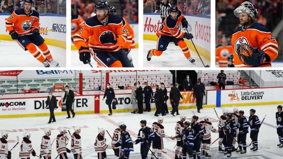 Montage photo avec Connor McDavid, Duncan Keith, Kailer Yamamoto, Mike Smith et la poigneé de main entre les joueurs des Jets et des Oilers après leur élimination en mai.
