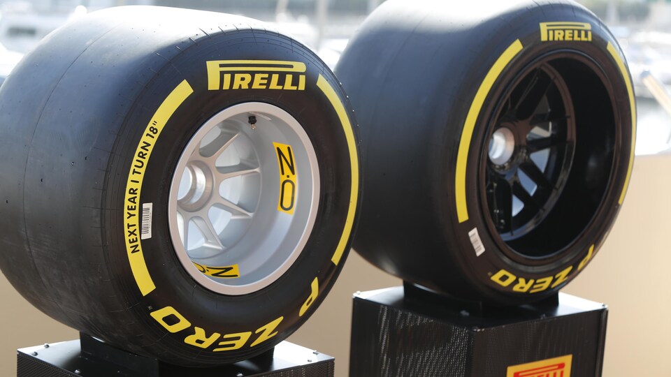 Deux pneus de F1 sur des présentoirs