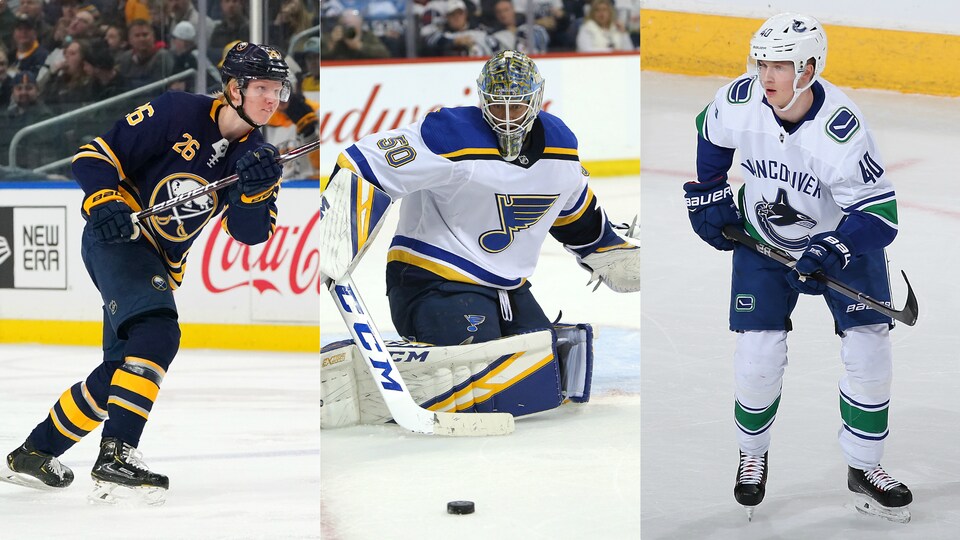 Le défenseur des Sabres de Buffalo Rasmus Dahlin, le gardien des Blues de Saint Louis Jordan Binnington et l'attaquant des Canucks de Vancouver Elias Pettersson