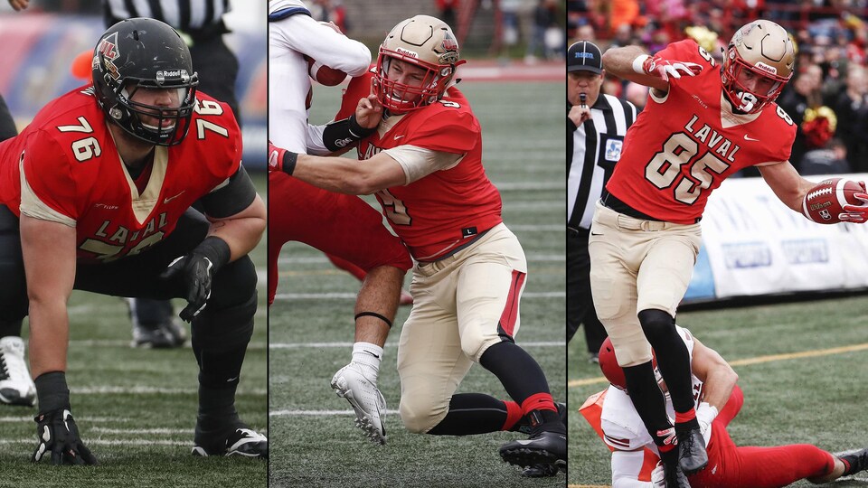 Les joueurs Samuel Thomassin, Mathieu Betts et Alexandre Savard du Rouge et Or
