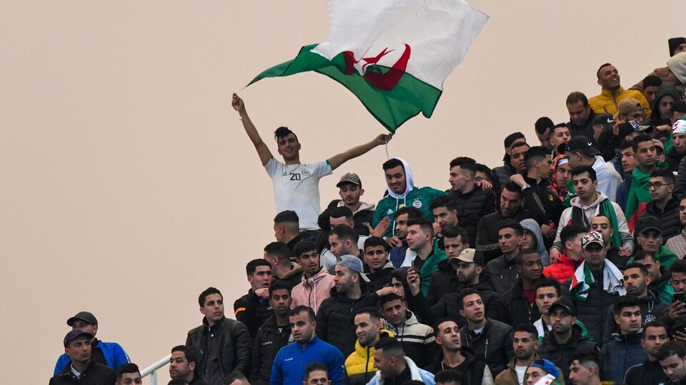 A fan holds the Algerian flag at arm’s length in his hands during a fight.  The spectators are on the stand. 