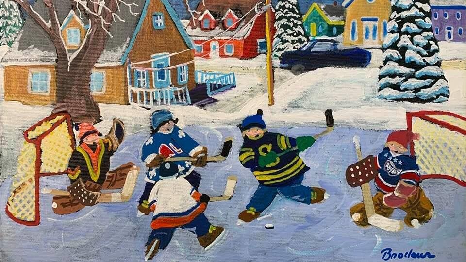 Un tableau dans lequel Richard Brodeur représente les chandails des équipes qu'il a portés