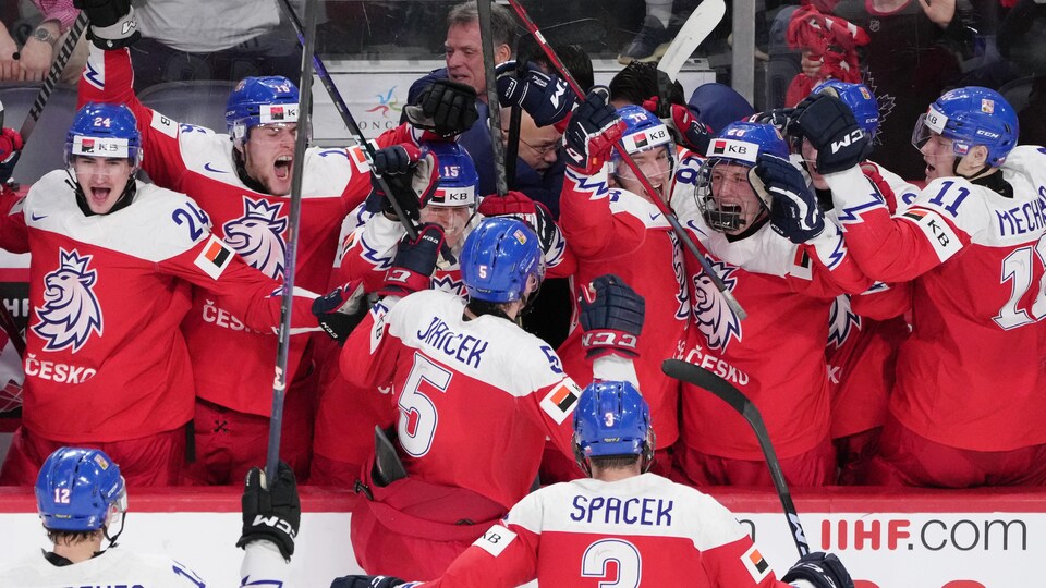 Czech hockey players are jumping for joy on the bench.