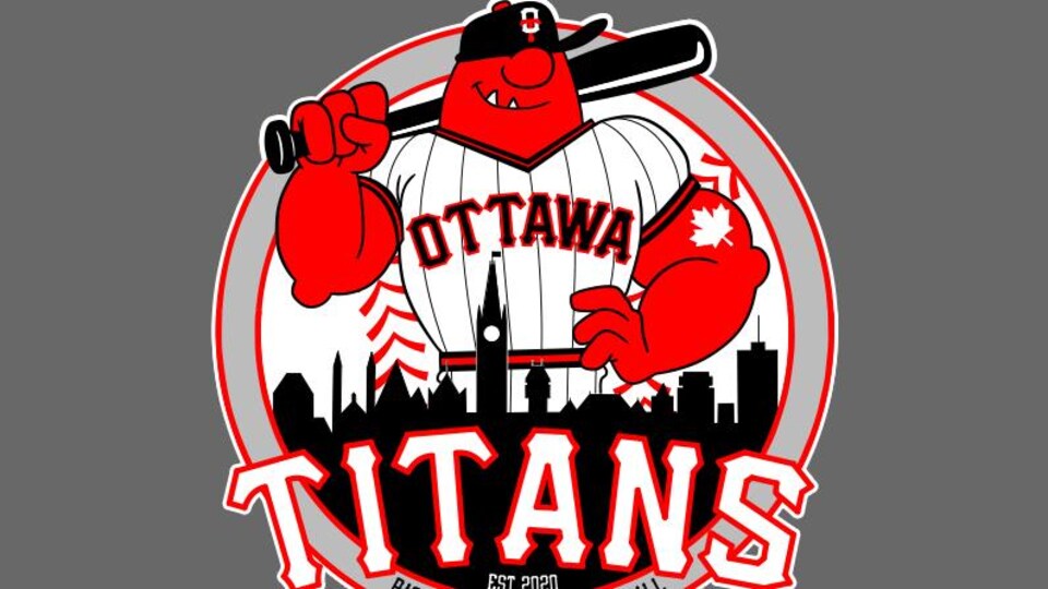 Un logo représente un joueur de baseball rouge avec une feuille d'érable tatouée sur son biceps gauche, tenant un bâton de baseball derrière le Parlement d'Ottawa.